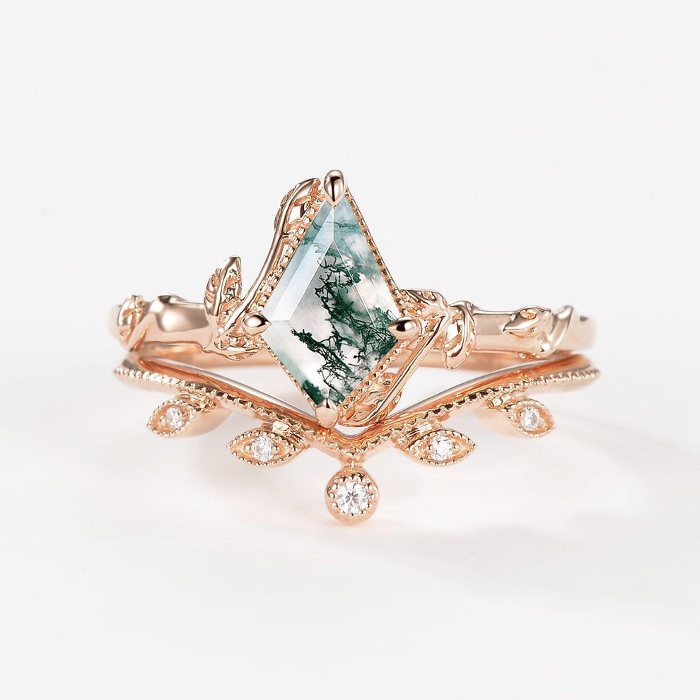 Jade Kite Cut Moss Agate Natural Leafy Engagement Ring Sets 2pcs.