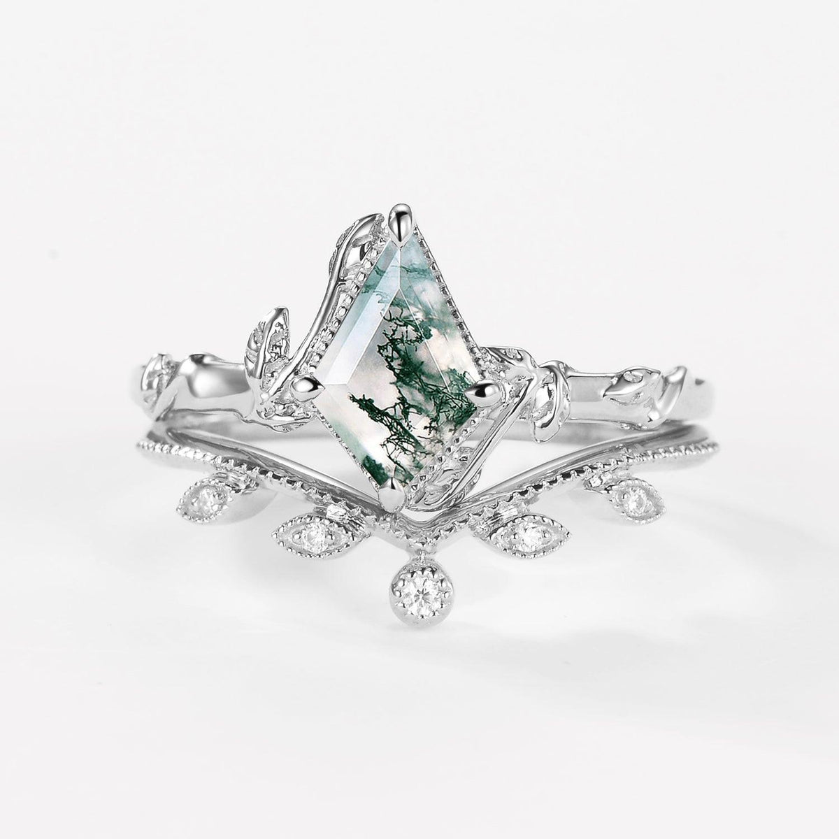 Jade Kite Cut Moss Agate Natural Leafy Engagement Ring Sets 2pcs.