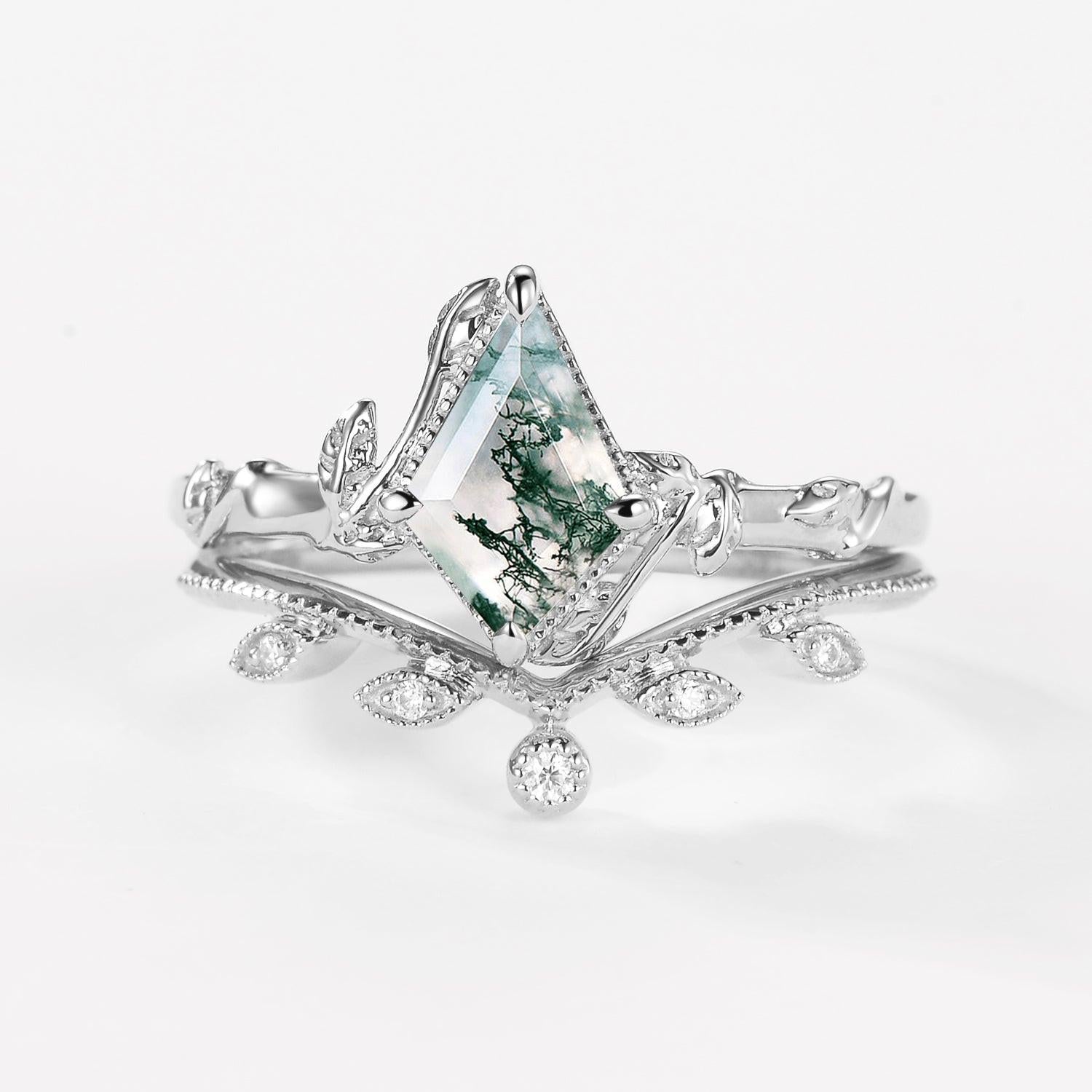 Jade Kite Cut Moss Agate Natural Leafy Engagement Ring Sets 2pcs.
