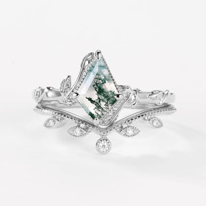 Jade Kite Cut Moss Agate Natural Leafy Engagement Ring Sets 2pcs.