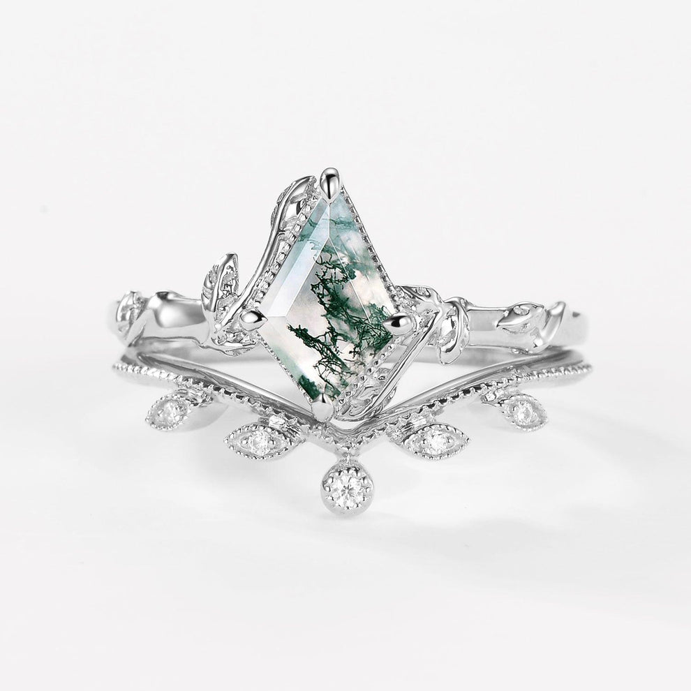 Jade Kite Cut Moss Agate Natural Leafy Engagement Ring Sets 2pcs.