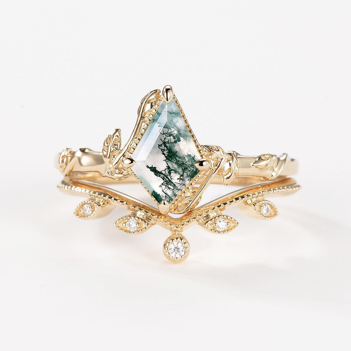 Jade Kite Cut Moss Agate Natural Leafy Engagement Ring Sets 2pcs.