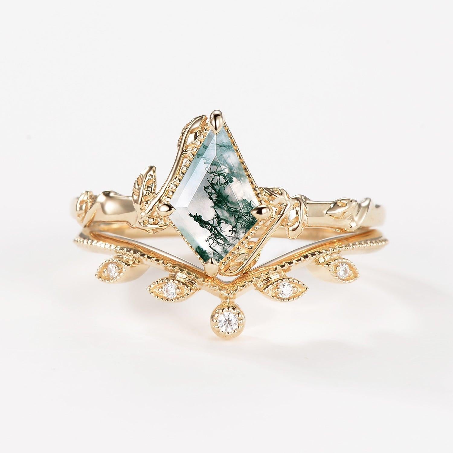 Jade Kite Cut Moss Agate Natural Leafy Engagement Ring Sets 2pcs.