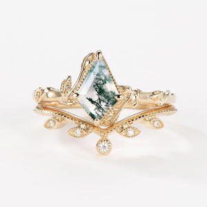 Jade Kite Cut Moss Agate Natural Leafy Engagement Ring Sets 2pcs.