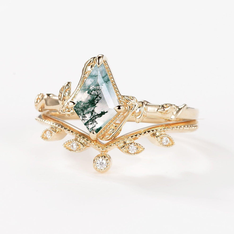 Jade Kite Cut Moss Agate Natural Leafy Engagement Ring Sets 2pcs.