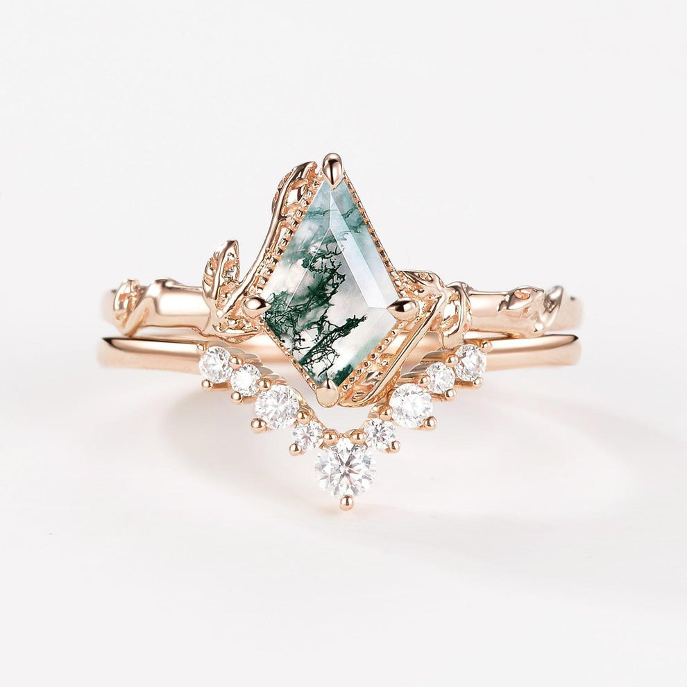 Kite Cut Moss Agate Bamboo Leafy Engagement Ring Sets 2pcs.