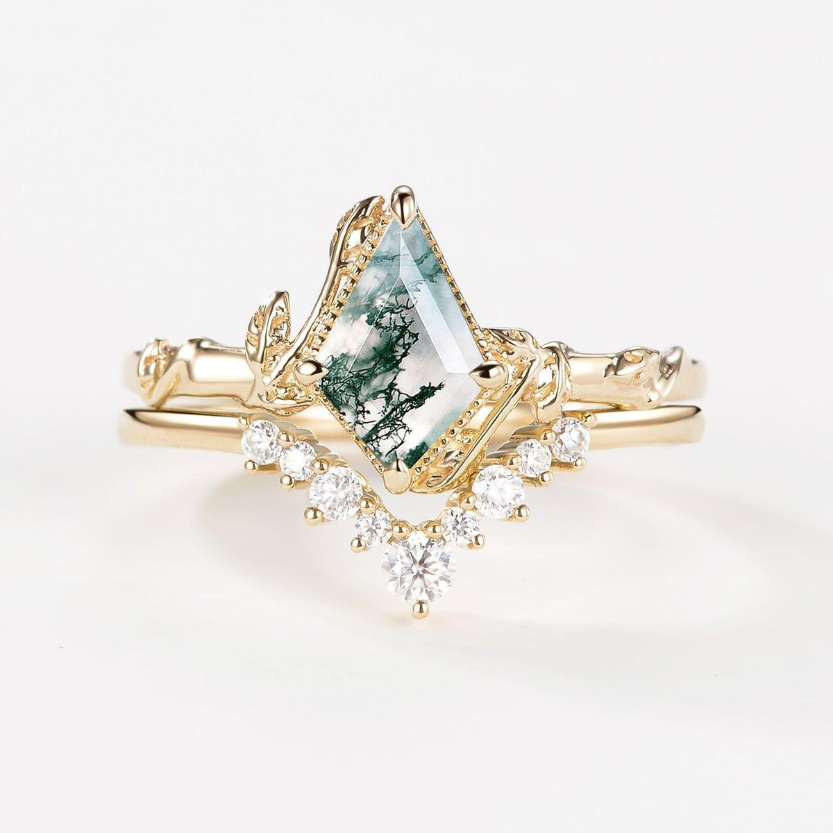 Kite Cut Moss Agate Bamboo Leafy Engagement Ring Sets 2pcs.