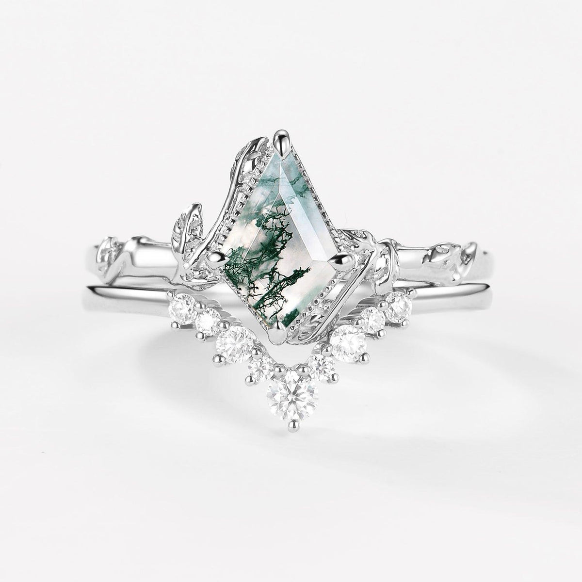 Kite Cut Moss Agate Bamboo Leafy Engagement Ring Sets 2pcs.