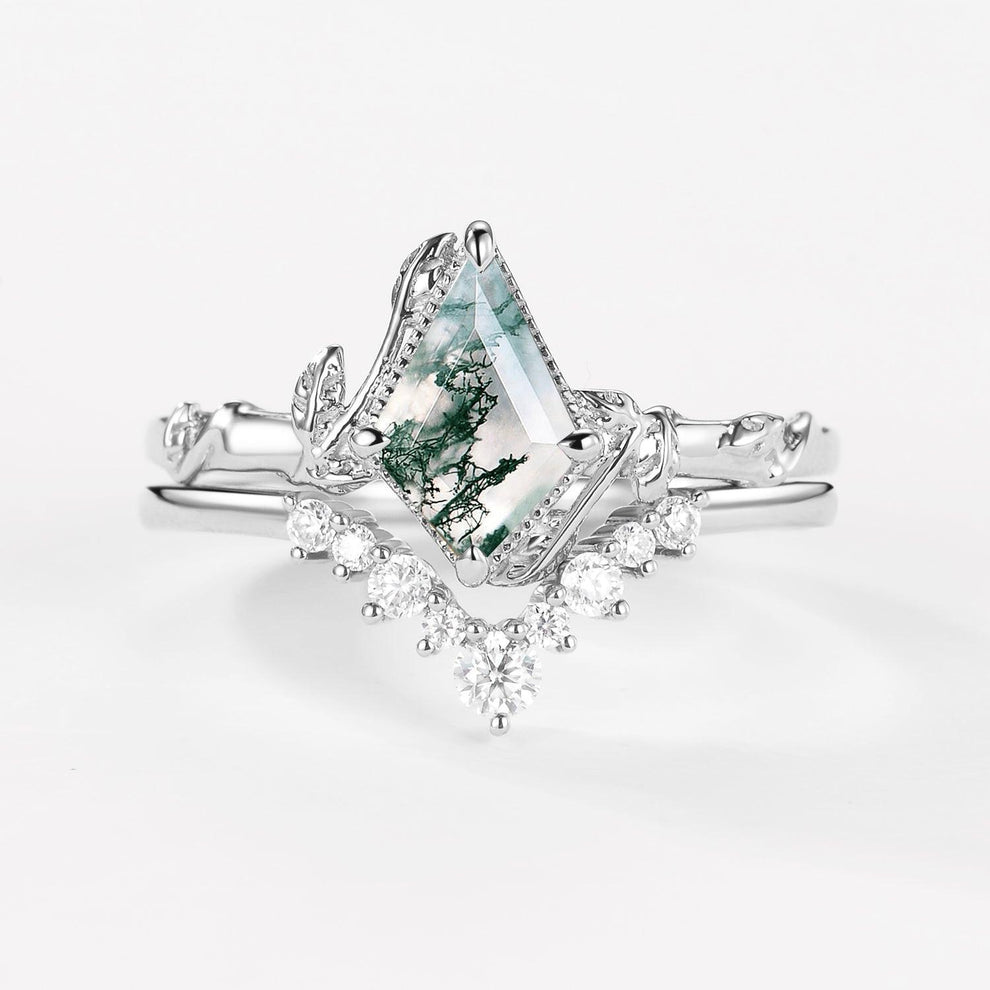 Kite Cut Moss Agate Bamboo Leafy Engagement Ring Sets 2pcs.