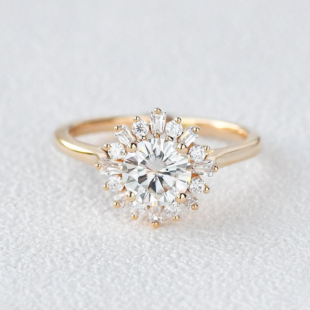 Sunflower Moissanite Halo Yellow Gold Inspired Ring.