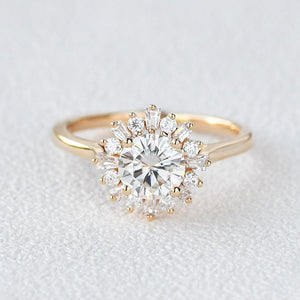 Sunflower Moissanite Halo Yellow Gold Inspired Ring.