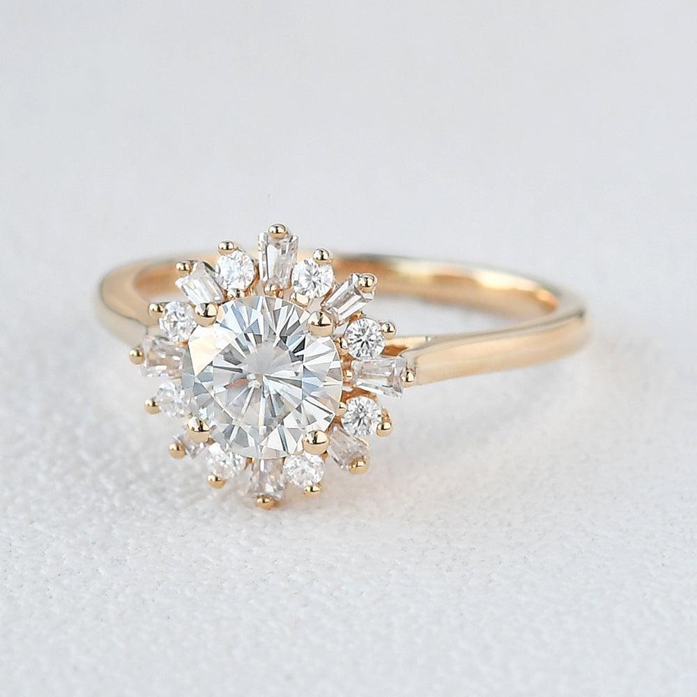 Sunflower Moissanite Halo Yellow Gold Inspired Ring.