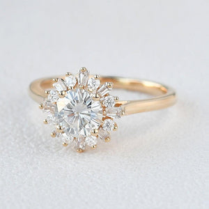 Sunflower Moissanite Halo Yellow Gold Inspired Ring.