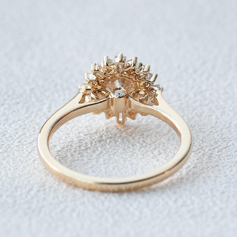 Sunflower Moissanite Halo Yellow Gold Inspired Ring.
