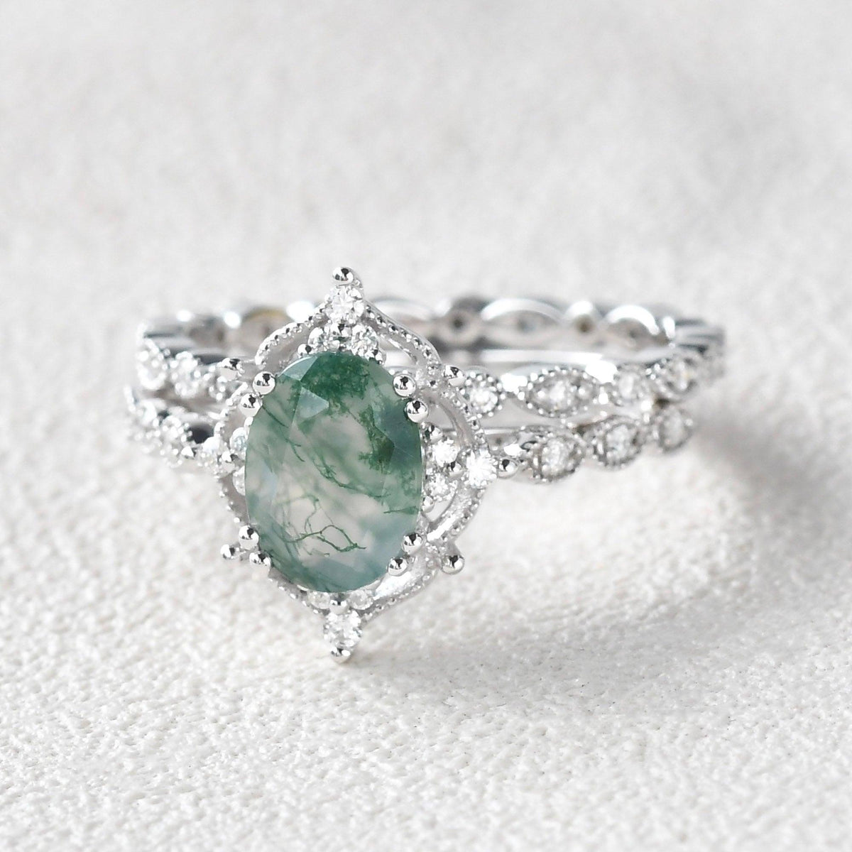 Camellia’s Cameo | Oval Moss Agate Cluster Vintage Bridal Set 2pcs.