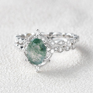 Camellia’s Cameo | Oval Moss Agate Cluster Vintage Bridal Set 2pcs.