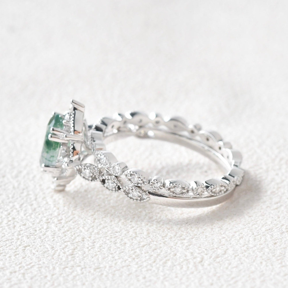 Camellia’s Cameo | Oval Moss Agate Cluster Vintage Bridal Set 2pcs.