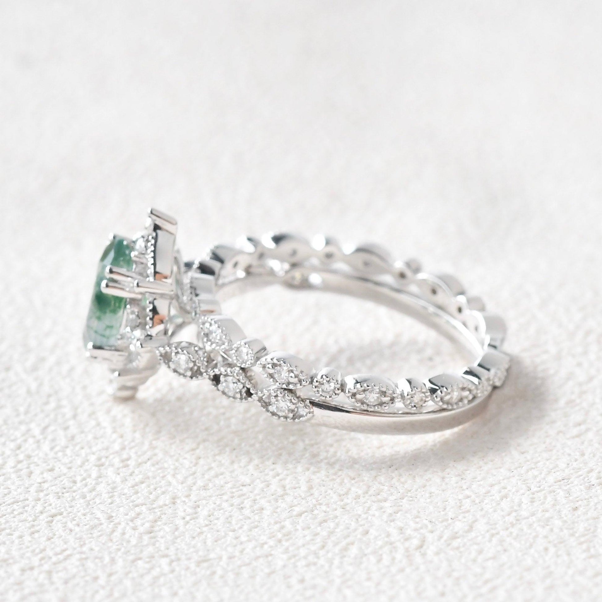 Camellia’s Cameo | Oval Moss Agate Cluster Vintage Bridal Set 2pcs.