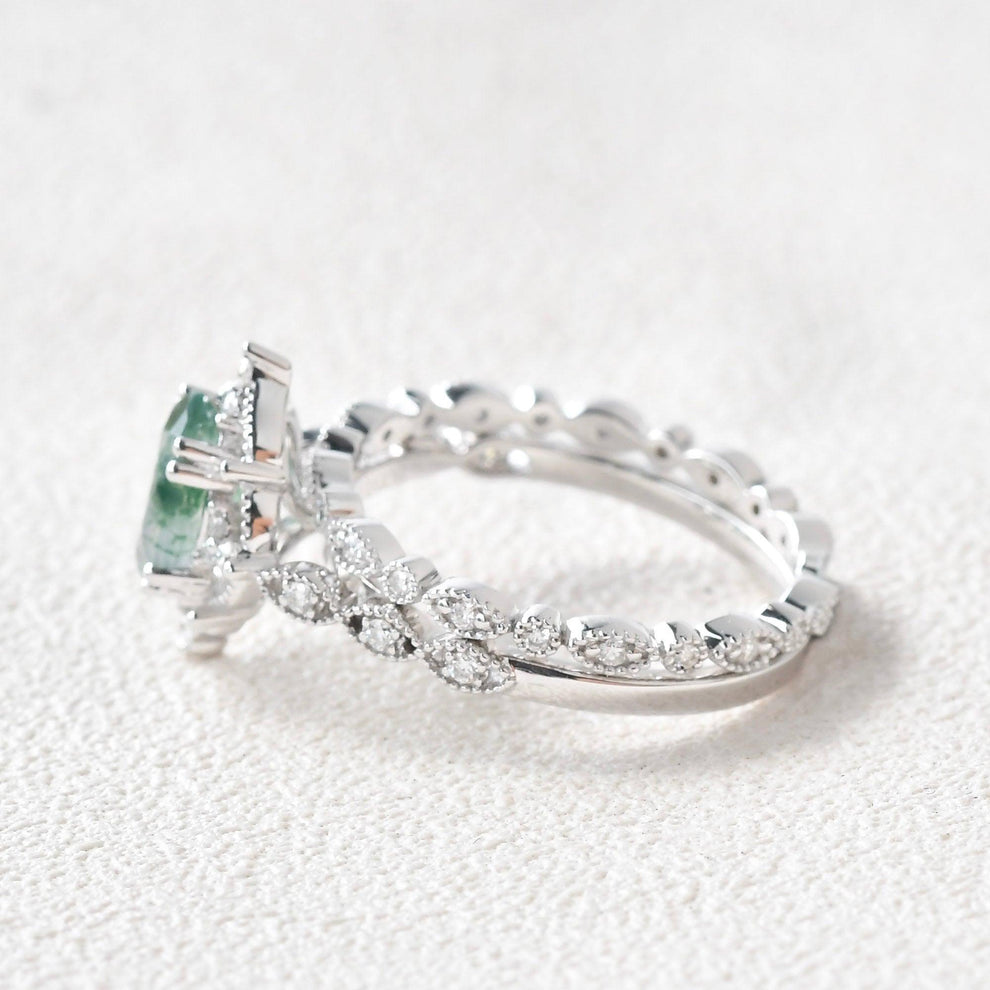 Camellia’s Cameo | Oval Moss Agate Cluster Vintage Bridal Set 2pcs.