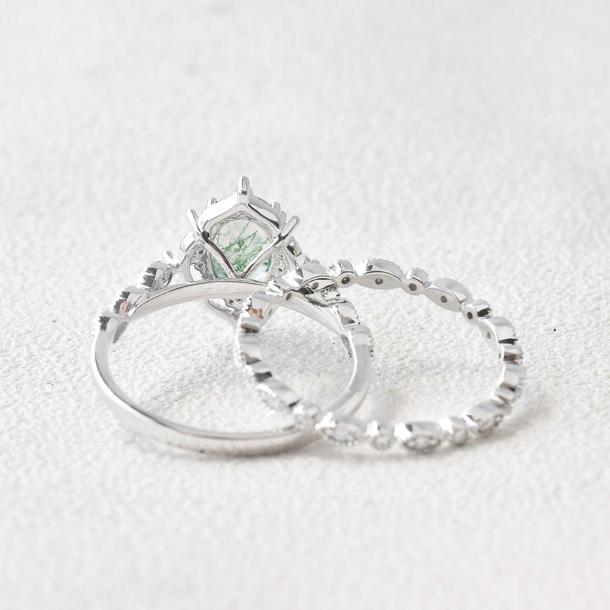 Camellia’s Cameo | Oval Moss Agate Cluster Vintage Bridal Set 2pcs.