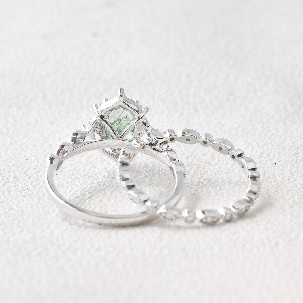 Camellia’s Cameo | Oval Moss Agate Cluster Vintage Bridal Set 2pcs.