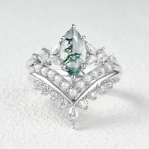Marquise Moss Agate Pearl-fect Engagement Ring Set 3pcs.