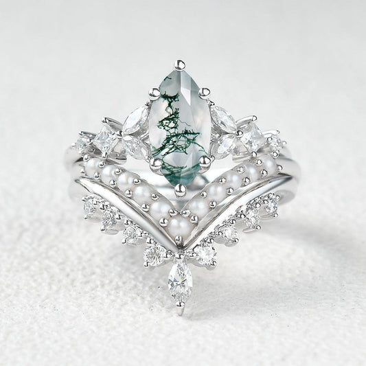 Marquise Moss Agate Pearl-fect Engagement Ring Set 3pcs.