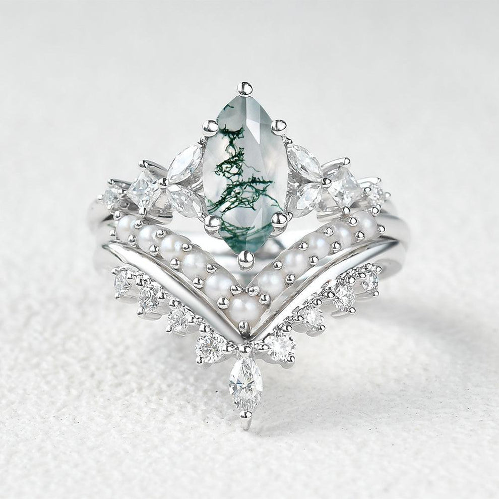 Marquise Moss Agate Pearl-fect Engagement Ring Set 3pcs.