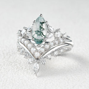 Marquise Moss Agate Pearl-fect Engagement Ring Set 3pcs.