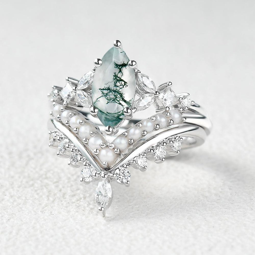 Marquise Moss Agate Pearl-fect Engagement Ring Set 3pcs.