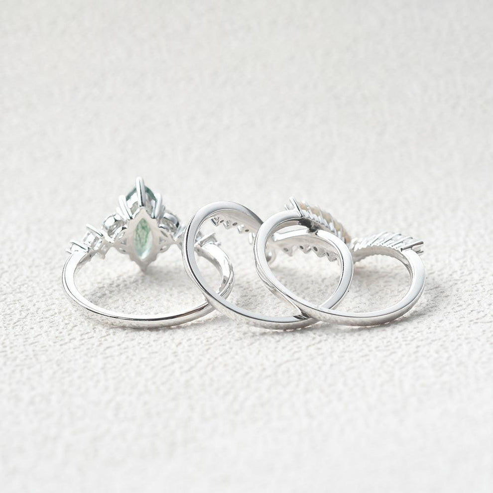 Marquise Moss Agate Pearl-fect Engagement Ring Set 3pcs.