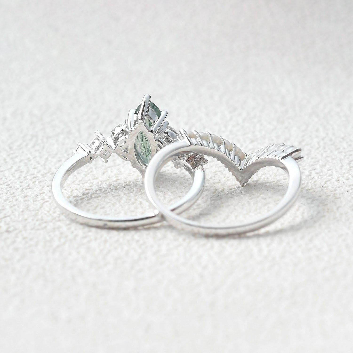 Marquise Moss Agate Signature Vintage Pearl-fect Ring Set 2pcs.