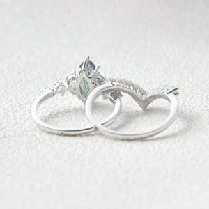 Marquise Moss Agate Signature Vintage Pearl-fect Ring Set 2pcs.