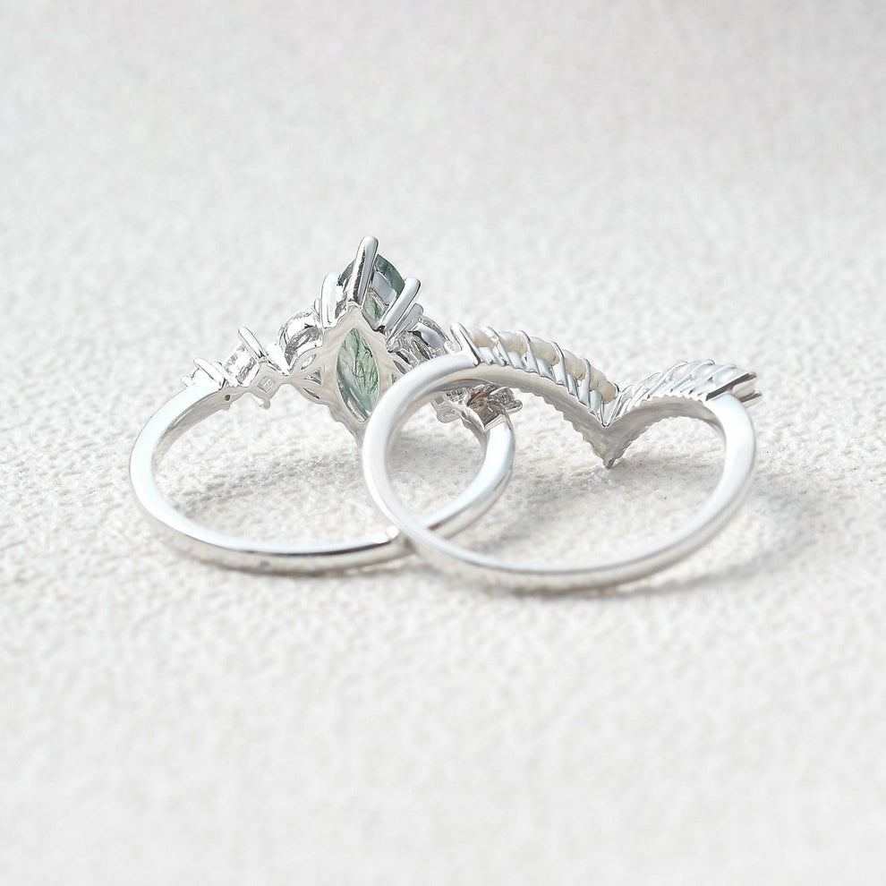 Marquise Moss Agate Signature Vintage Pearl-fect Ring Set 2pcs.