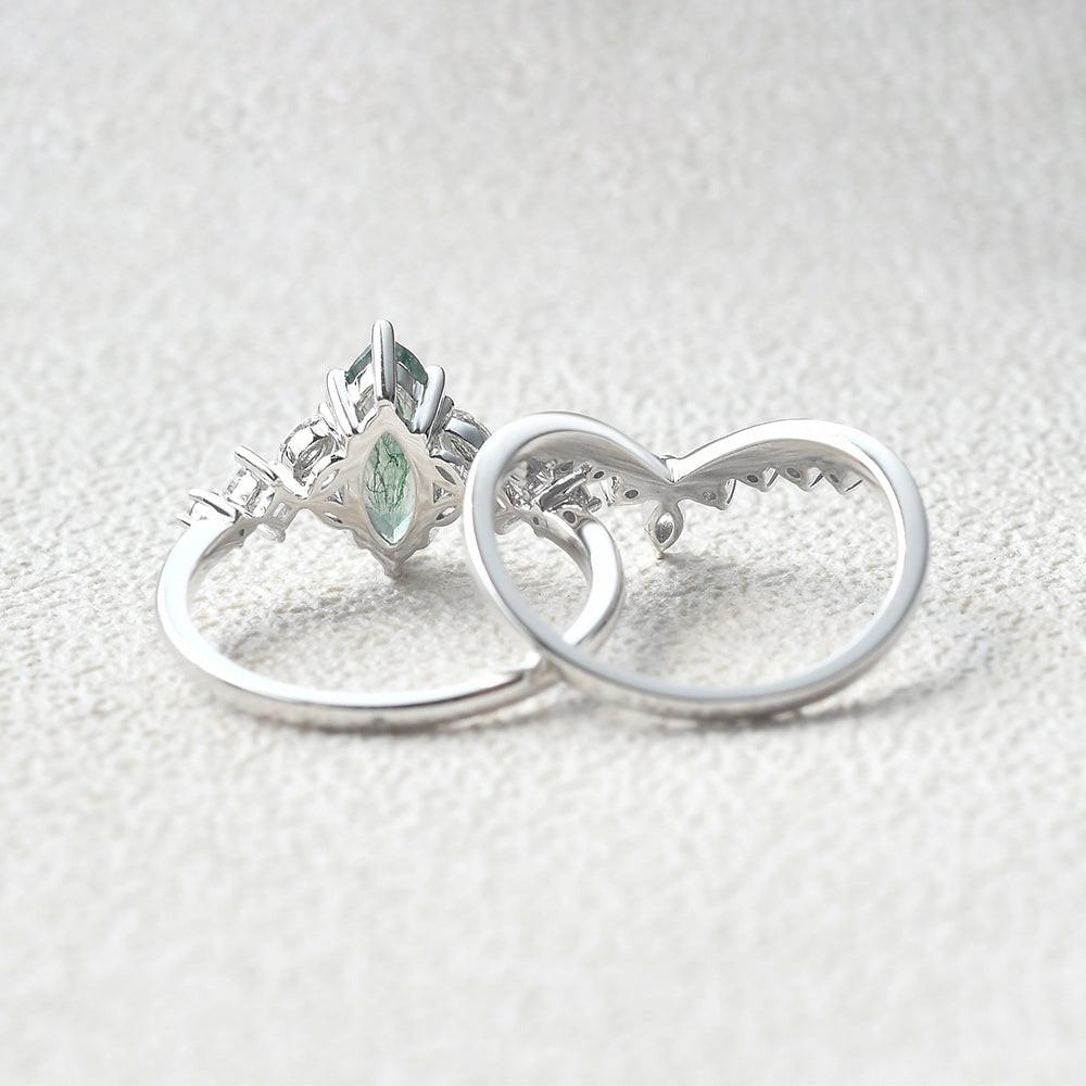 Marquise Moss Agate Cluster Ring Set 2pcs.