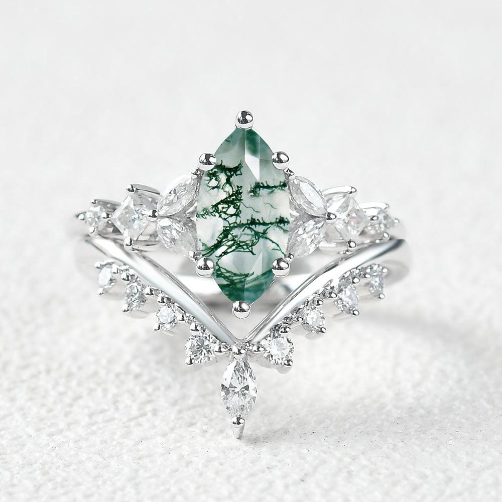 Marquise Moss Agate Cluster Ring Set 2pcs.