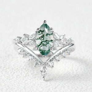 Marquise Moss Agate Cluster Ring Set 2pcs.