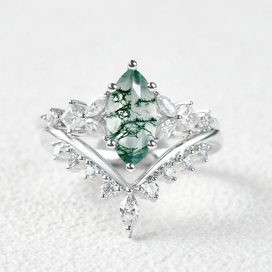 Marquise Moss Agate Cluster Ring Set 2pcs.