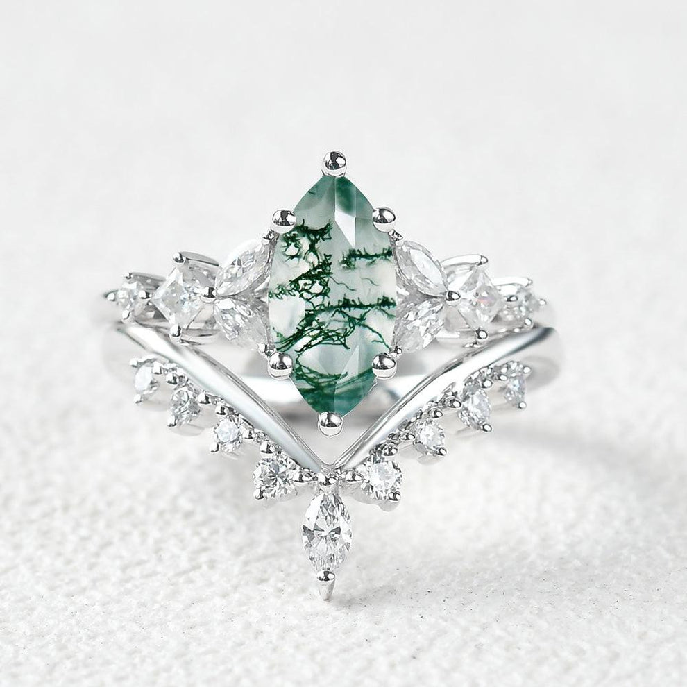 Marquise Moss Agate Cluster Ring Set 2pcs.
