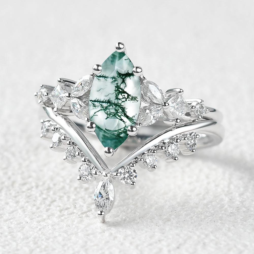 Marquise Moss Agate Cluster Ring Set 2pcs.