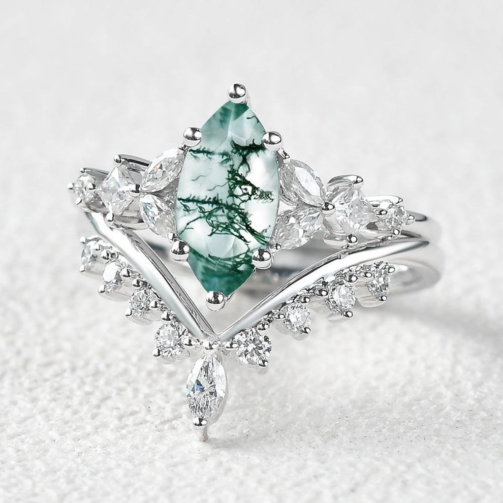 Marquise Moss Agate Cluster Ring Set 2pcs.