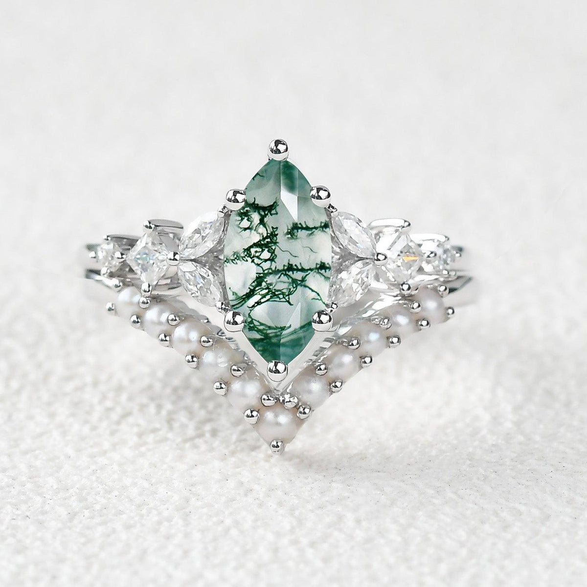 Marquise Moss Agate Signature Vintage Pearl-fect Ring Set 2pcs.