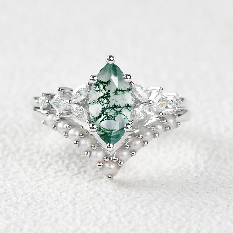 Marquise Moss Agate Signature Vintage Pearl-fect Ring Set 2pcs.