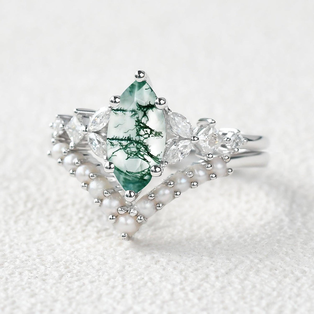 Marquise Moss Agate Signature Vintage Pearl-fect Ring Set 2pcs.