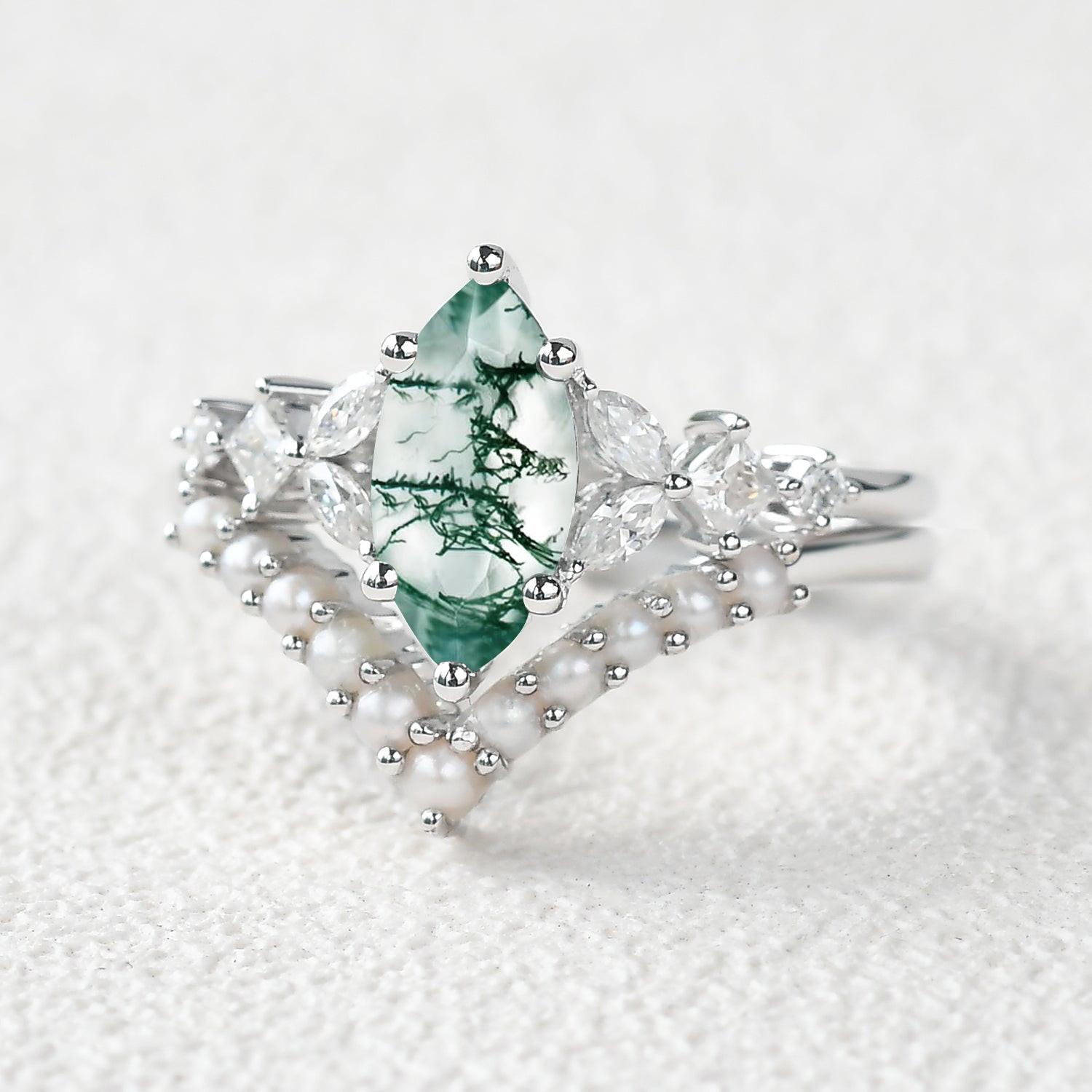 Marquise Moss Agate Signature Vintage Pearl-fect Ring Set 2pcs.