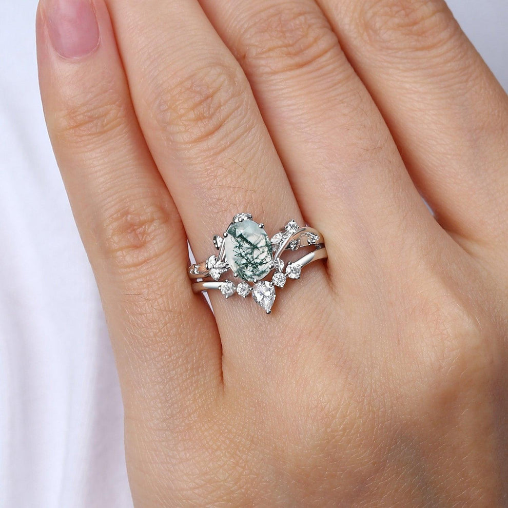 Oval Cut Leafy White Gold Moss Agate Ring Set 2pcs.