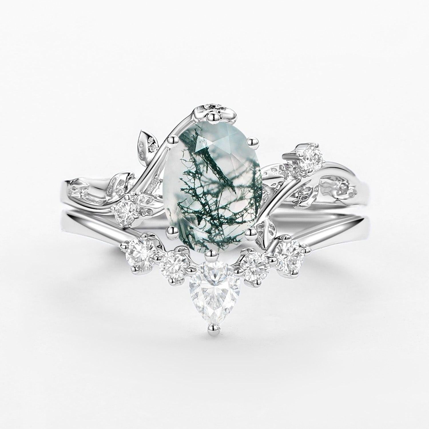 Oval Cut Leafy White Gold Moss Agate Ring Set 2pcs.