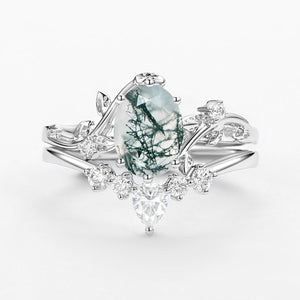 Oval Cut Leafy White Gold Moss Agate Ring Set 2pcs.