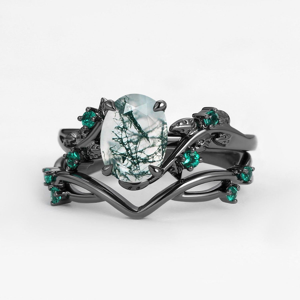 Sylvie’s Nocturne | Oval Cut Moss Agate Leafy Black Gold Ring Set 2pcs.