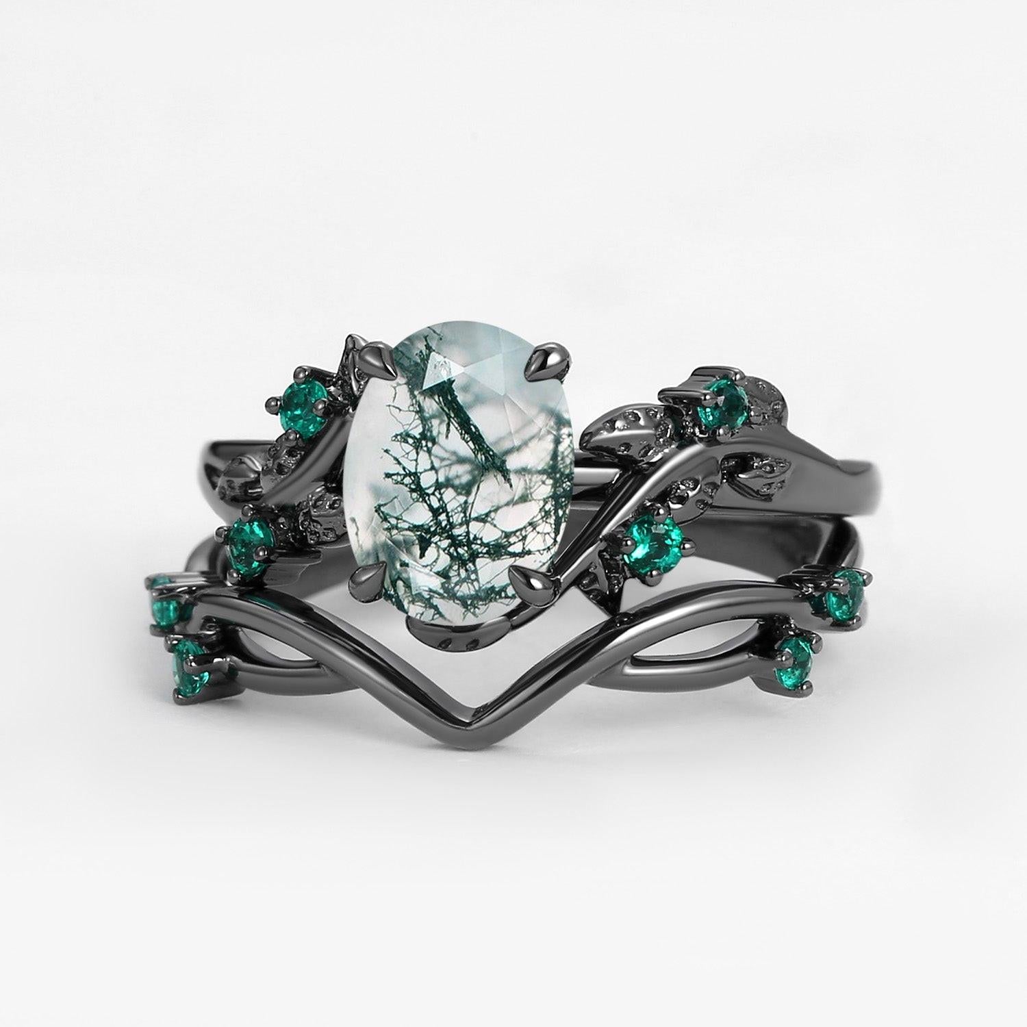 Sylvie’s Nocturne | Oval Cut Moss Agate Leafy Black Gold Ring Set 2pcs.